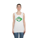 Printify white eco-friendly tank top with green Think Green graphic worn by female model