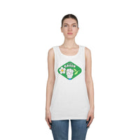 Printify white eco-friendly tank top with green Think Green graphic worn by female model