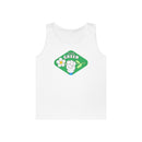 White Printify eco-friendly tank top with Think Green graphic featuring flower and fist design