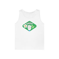 White Printify eco-friendly tank top with Think Green graphic featuring flower and fist design