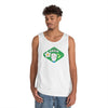 Printify white eco-friendly tank top with Think Green graphic worn by male model