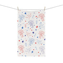 Printify eco-friendly tea towels with red and blue fireworks and star pattern hanging on a clothesline
