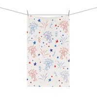 Colorful eco-friendly tea towels with festive fireworks and star designs, ideal for kitchen decor