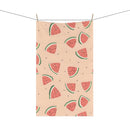 Printify eco-friendly tea towels with pink watermelon slice pattern hanging on a clothesline