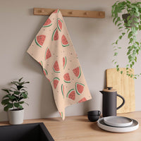Printify eco-friendly tea towels with watermelon print hanging in modern kitchen setting