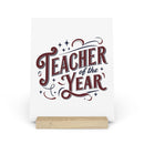 Eco-friendly teacher of the year gift print with decorative text on a wooden stand for home decor