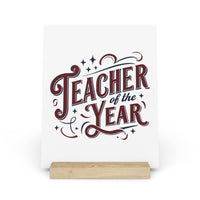 Eco-friendly teacher of the year gift print with decorative text on a wooden stand for home decor