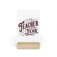 Eco-friendly teacher of the year gift sign with stylish typography on wooden stand