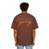 Back view of eco-friendly Thanksgiving shirt men in brown with thanksgiving text by Printify