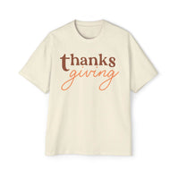 Printify eco-friendly Thanksgiving shirt men in cream with brown and orange Thanksgiving text