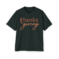 Printify black eco-friendly Thanksgiving shirt men with brown and orange thanksgiving text