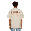 Back view of eco-friendly Thanksgiving shirt men in beige with brown and orange text from Printify