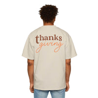 Back view of eco-friendly Thanksgiving shirt men in beige with brown and orange text from Printify