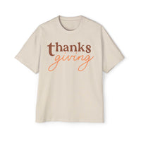 Printify eco-friendly Thanksgiving shirt men in beige with brown and orange thanksgiving text