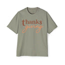 Printify eco-friendly Thanksgiving shirt men with brown and orange thanksgiving text on green t-shirt