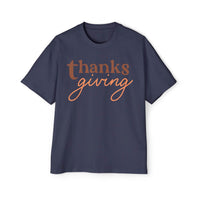 Printify navy blue eco-friendly Thanksgiving shirt men with brown and orange thanksgiving text