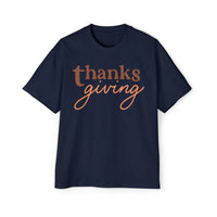 Navy Printify eco-friendly Thanksgiving shirt men with brown and orange thanksgiving text design