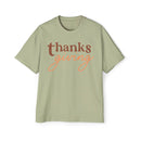 Printify eco-friendly Thanksgiving shirt men in light green with brown and orange Thanksgiving text