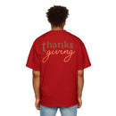 Back view of red eco-friendly Thanksgiving shirt men with thanksgiving text printed, worn by a man