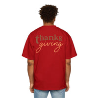 Back view of red eco-friendly Thanksgiving shirt men with thanksgiving text printed, worn by a man