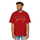 Eco-friendly Thanksgiving shirt men red T-shirt with thanks giving text worn by smiling man