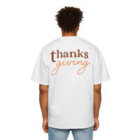 Printify eco-friendly Thanksgiving shirt men in white with thanks giving text on the back