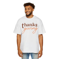 Printify white eco-friendly Thanksgiving shirt men with brown and orange Thanksgiving text
