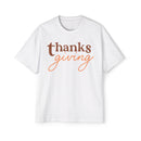 Printify white eco-friendly Thanksgiving shirt men with brown and orange thanksgiving text