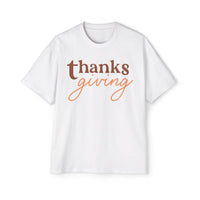 Printify white eco-friendly Thanksgiving shirt men with brown and orange thanksgiving text