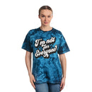Printify eco-friendly tie-dye t-shirt in blue with I’m not for everyone graphic worn by woman