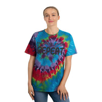 Printify eco-friendly tie-dye t-shirt with vibrant multicolor pattern and eat sleep create repeat text