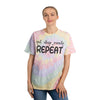 Printify eco-friendly tie-dye t-shirt with eat sleep create repeat text in pastel colors