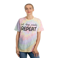 Printify eco-friendly tie-dye t-shirt with eat sleep create repeat text in pastel colors