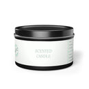 Printify scented eco-friendly tin candles with a minimalist white label and black lid