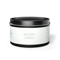 Printify scented eco-friendly tin candles with a minimalist white label and black lid