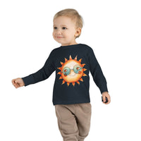 Toddler wearing an eco-friendly toddler long sleeve shirt with a sun graphic from Printify