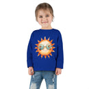 Toddler wearing blue eco-friendly toddler long sleeve shirt with sun graphic and sunglasses