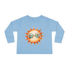 Light blue eco-friendly toddler long sleeve shirt with cute sun wearing sunglasses graphic