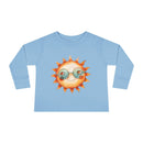 Light blue eco-friendly toddler long sleeve shirt with cute sun wearing sunglasses graphic
