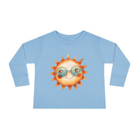 Light blue eco-friendly toddler long sleeve shirt with cute sun wearing sunglasses graphic