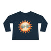 Printify navy eco-friendly toddler long sleeve shirt with smiling sun wearing sunglasses graphic