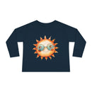 Printify navy eco-friendly toddler long sleeve shirt with smiling sun wearing sunglasses graphic