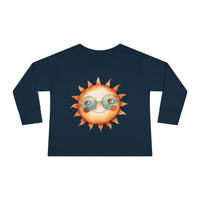 Printify navy eco-friendly toddler long sleeve shirt with smiling sun wearing sunglasses graphic