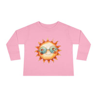 Pink eco-friendly toddler long sleeve shirt with cute sun wearing sunglasses print