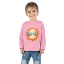Child wearing a pink eco-friendly toddler long sleeve shirt with a sun graphic and glasses