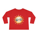 Printify eco-friendly toddler long sleeve shirt in red with smiling sun wearing sunglasses graphic