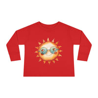 Printify eco-friendly toddler long sleeve shirt in red with smiling sun wearing sunglasses graphic