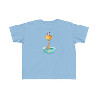 Printify light blue eco-friendly toddler t-shirt with a cute giraffe in a bowl graphic