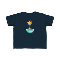 Printify eco-friendly toddler t-shirt in navy blue with cute giraffe and birds graphic