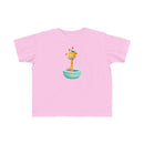 Printify pink eco-friendly toddler t-shirt with cute giraffe in a blue bowl graphic